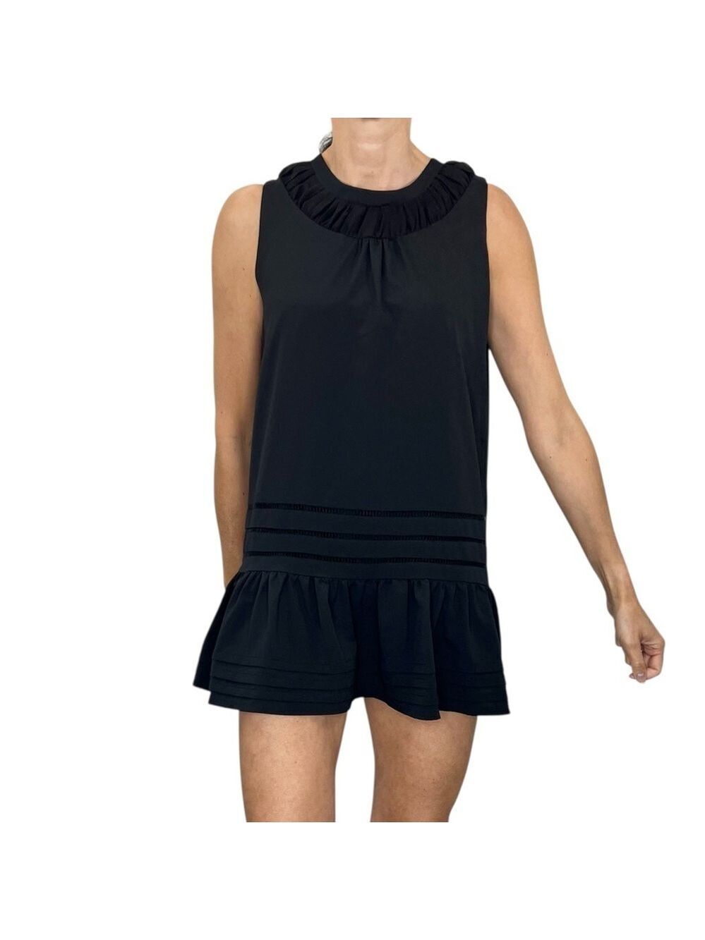BONSUI Korea designer black ruffle hem sleeveless minimalist mini dress T1